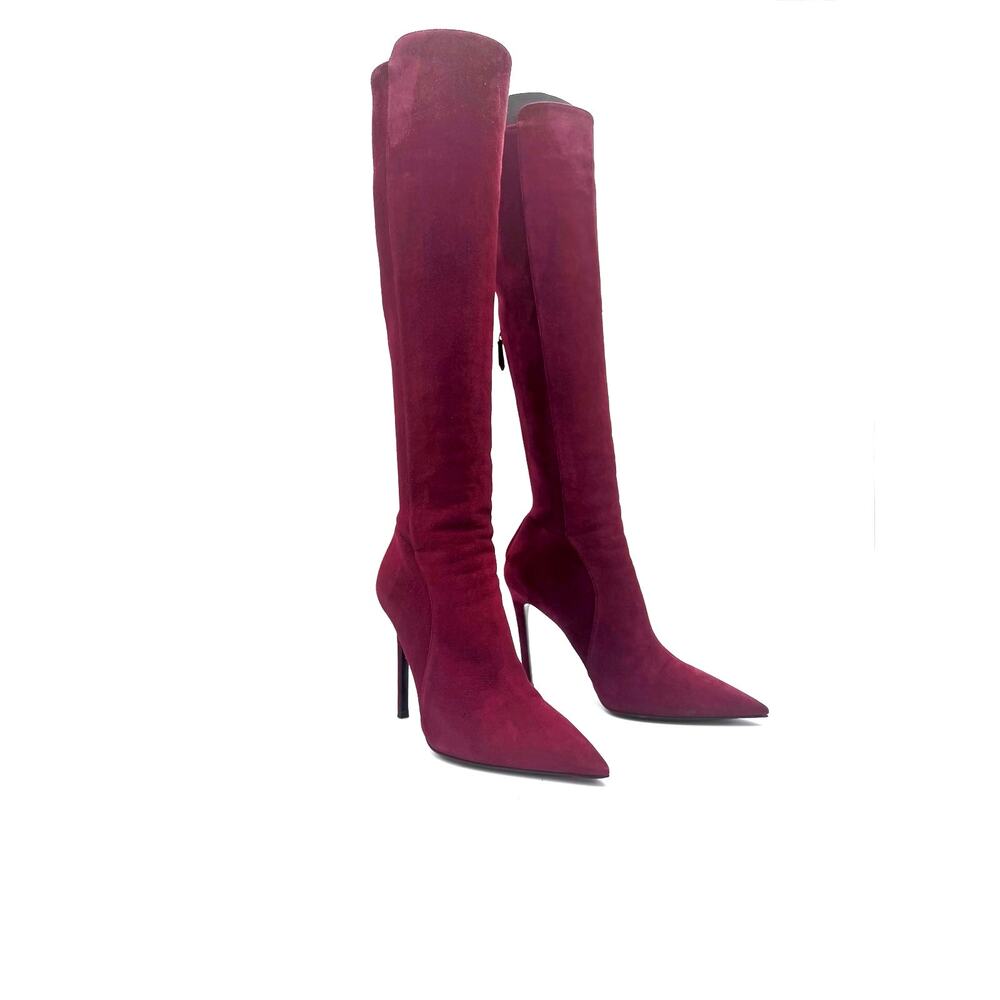 Prada Burgundy Suede Knee High Pointed Toe Stiletto Boots EU 37